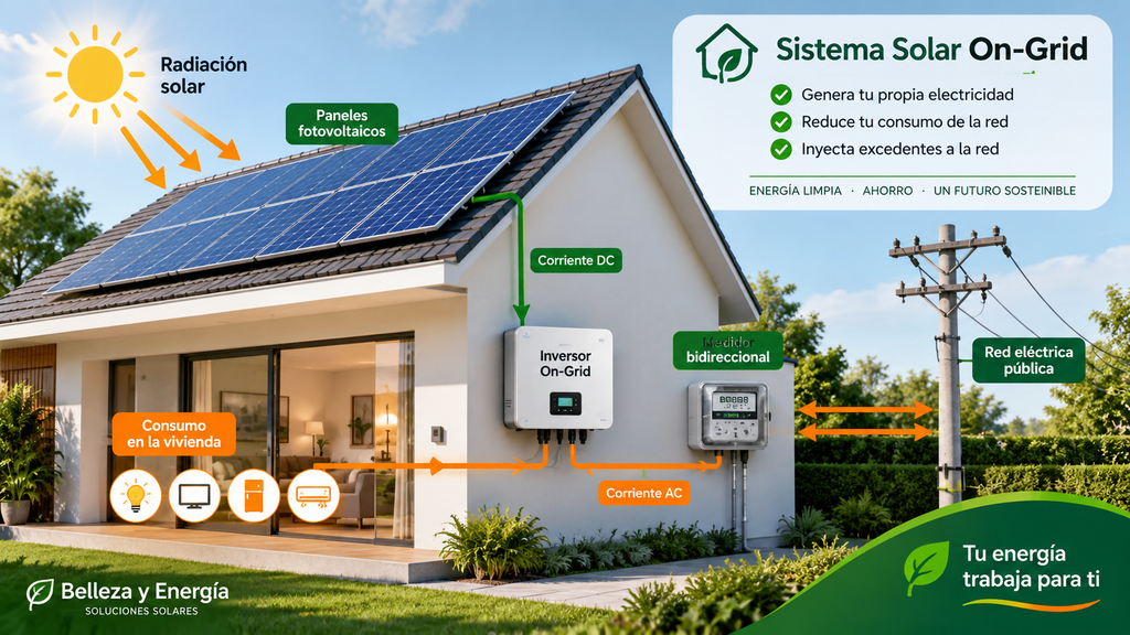 Sistema solar On-Grid conectado a la red eléctrica con paneles solares, inversor y medidor bidireccional.