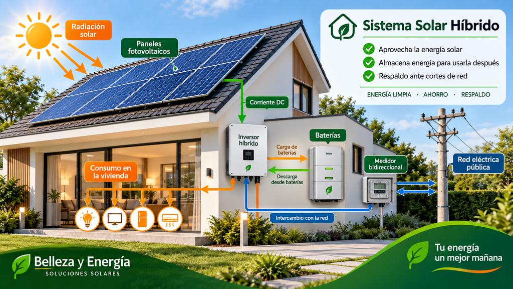 Sistema solar híbrido con paneles fotovoltaicos, inversor híbrido, baterías y conexión a la red eléctrica.