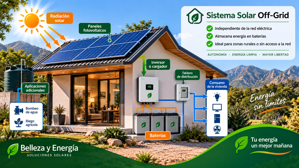 Sistema solar Off-Grid con paneles solares, inversor, baterías y aplicaciones de bombeo de agua y riego.
