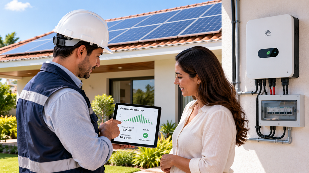 Técnico entregando al propietario un sistema solar fotovoltaico instalado y listo para funcionar.