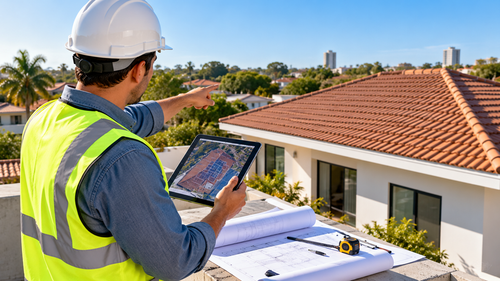 Técnico evaluando el tejado de una vivienda antes de instalar un sistema solar fotovoltaico.