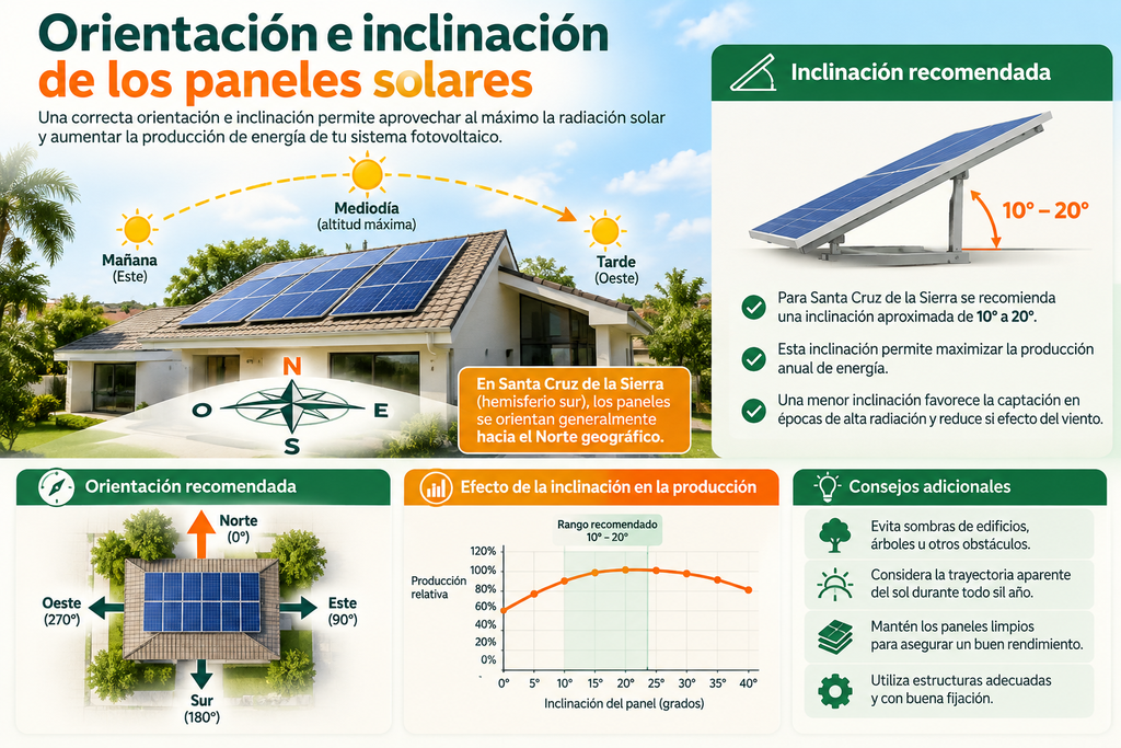 Orientación de los paneles solares colocados sobre el tejado de una vivienda. 