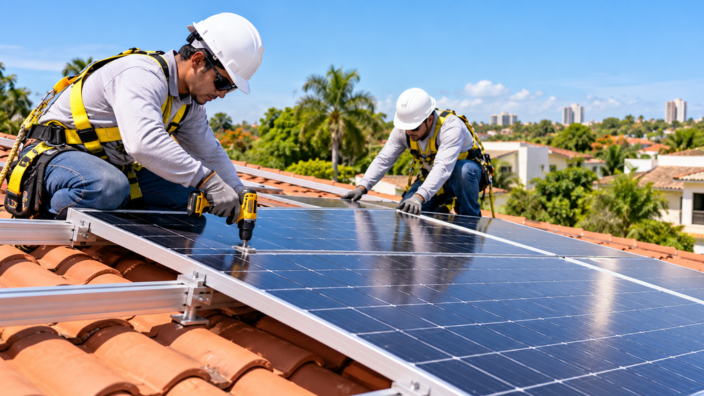 écnicos instalando paneles solares sobre el tejado de una vivienda.