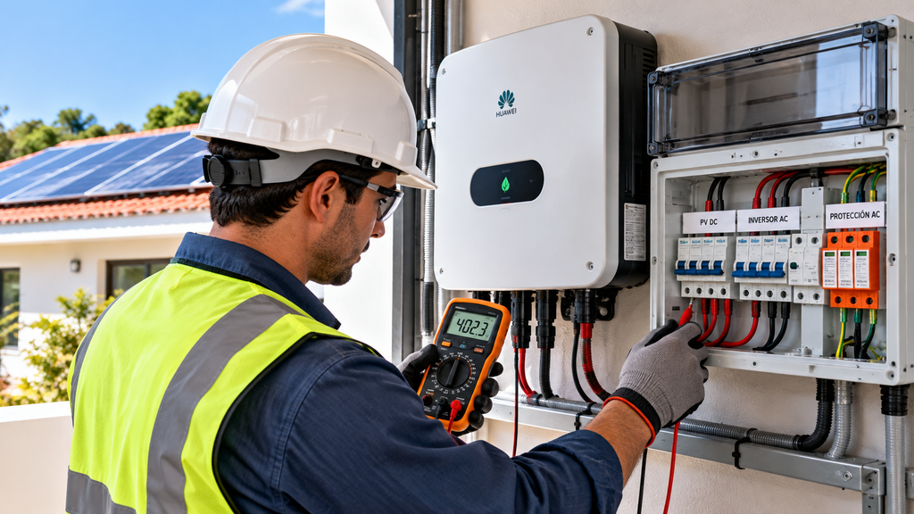 Técnico verificando el inversor y las protecciones eléctricas de una instalación solar fotovoltaica.